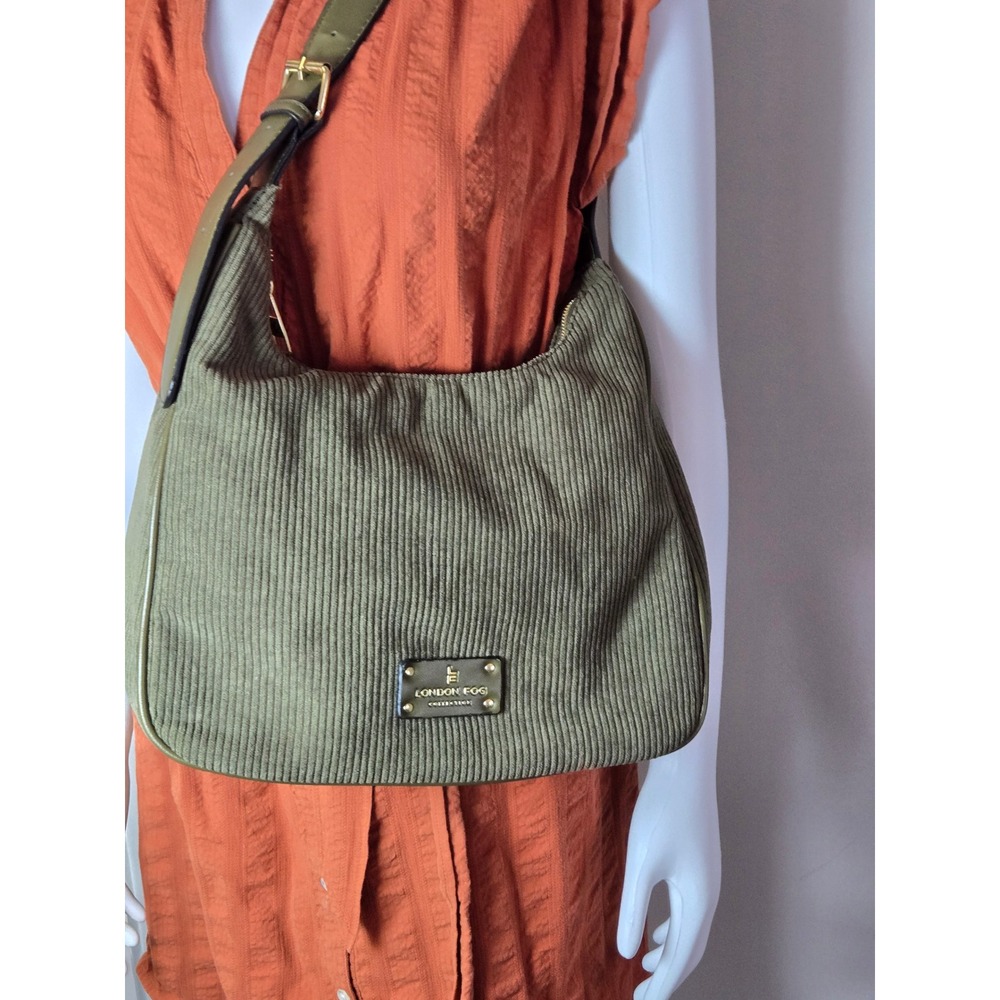 London‎ Fog Collection Olive Green Corduroy Hobo Shoulder Bag Gold Hardware